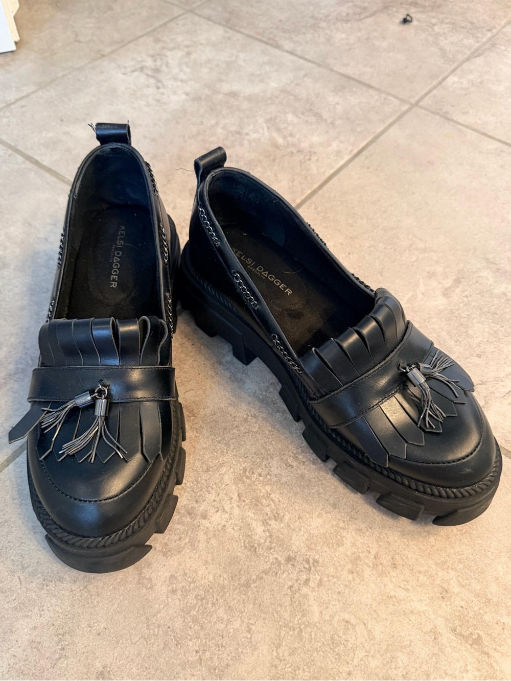 Kelsi Dagger Black Tassel Fringe Lug Sole Loafers for Kids